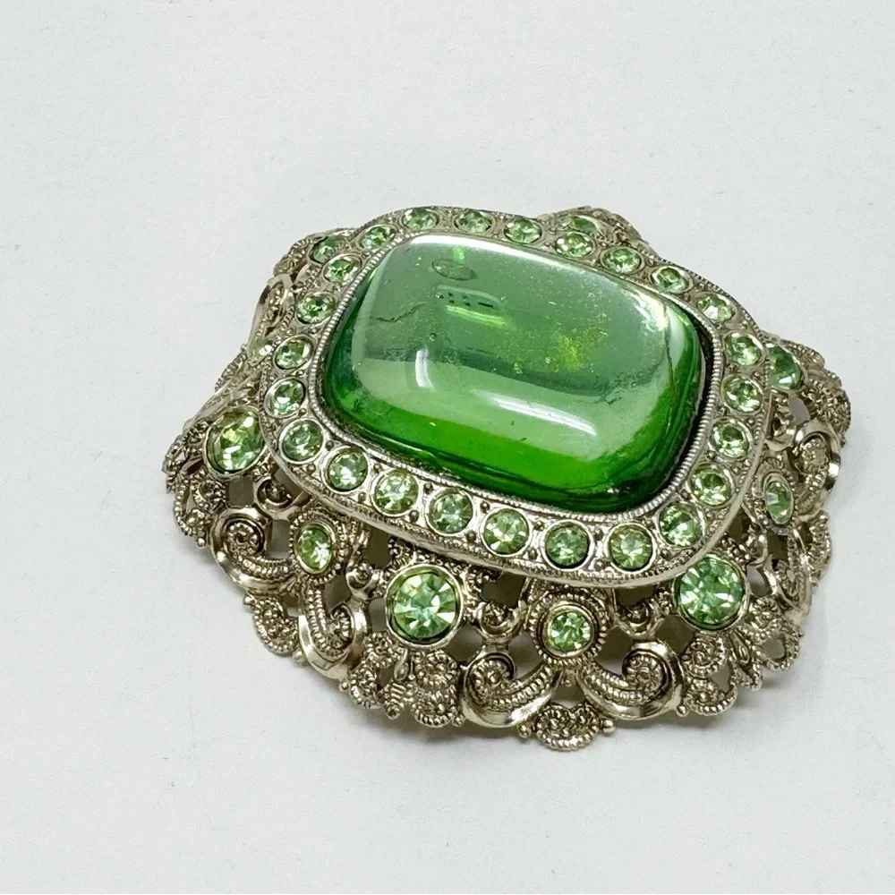 West Germany Pale Green Victorian Style Vintage Brooch Very Lightweight Metal